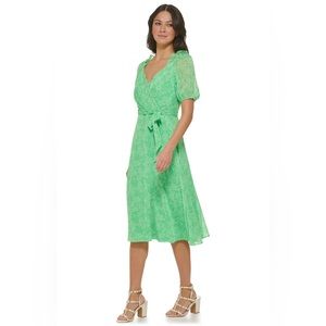 DKNY Puff Sleeve Ruffled Midi Dress